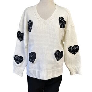 KATE HEWKO White Knit Sweater Black Heart Applique V Neck Long Sleeve Women's M